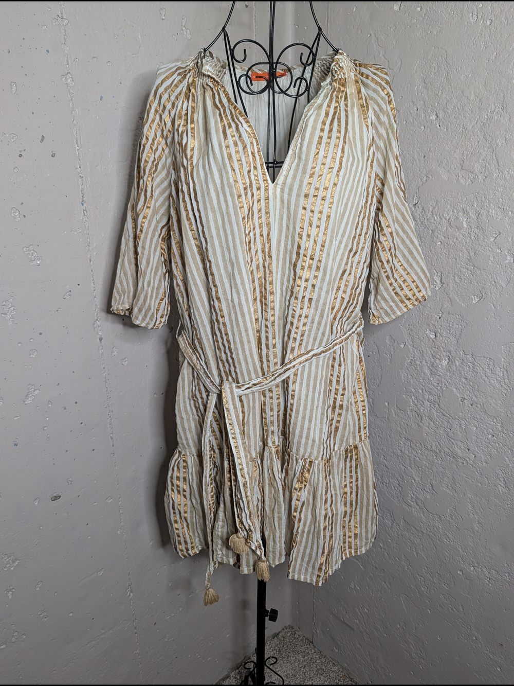 Oliphant Metallic Gold Stripe Cotton Tassel Boho Mini Dress Large